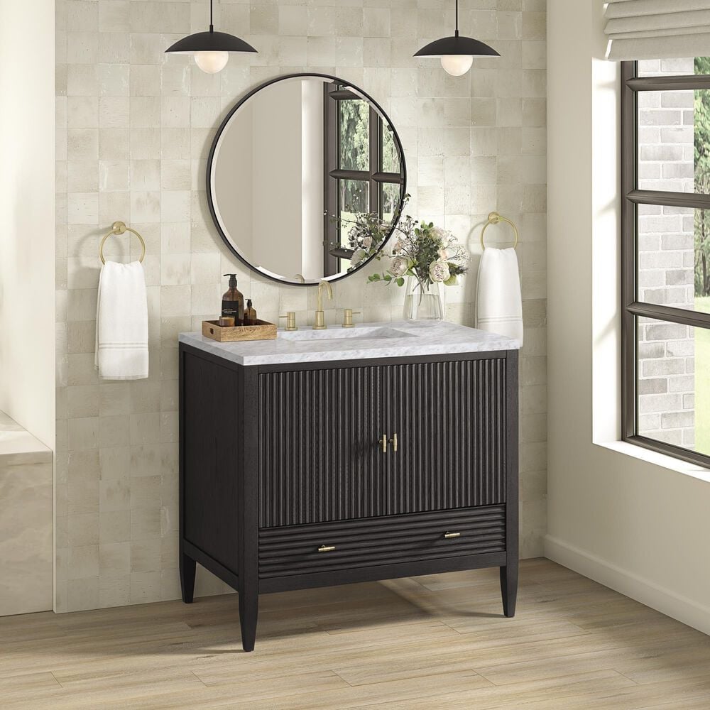 James Martin Vanities Myrrin 36&quot; Vanity in Carbon Oak with 3 cm Carrara White Marble Top, , large