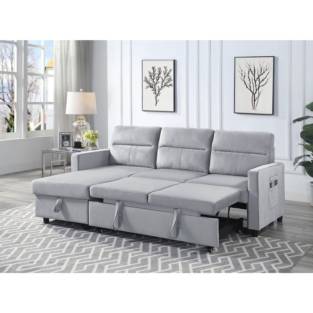 HOMLUX 81.5"W Velvet Reversible Sleeper Sectional Sofa with Storage &amp; Side Pocket, in Light Grey, , large