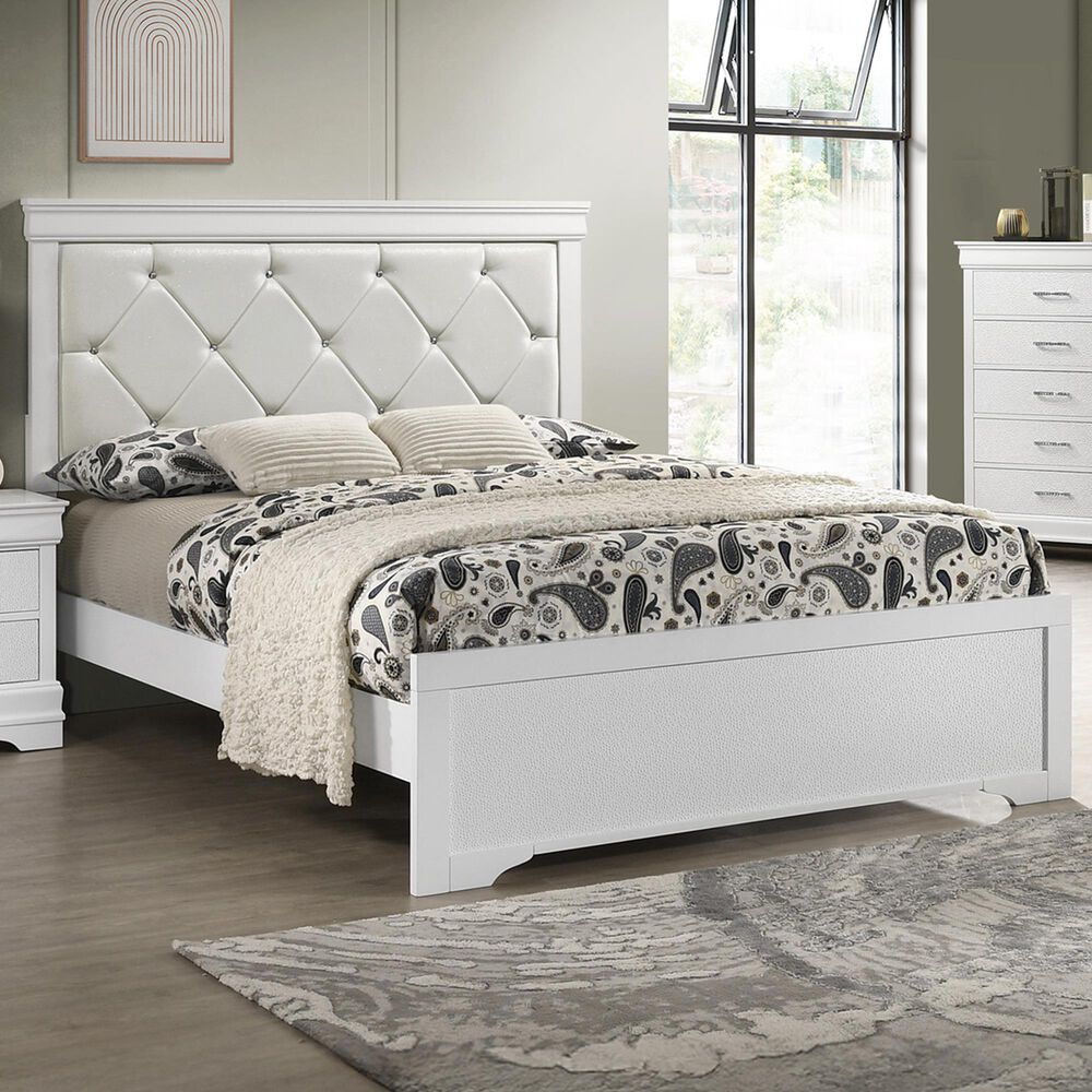 Crown Mark Amalia Queen Upholstered Panel Bed in White, , large
