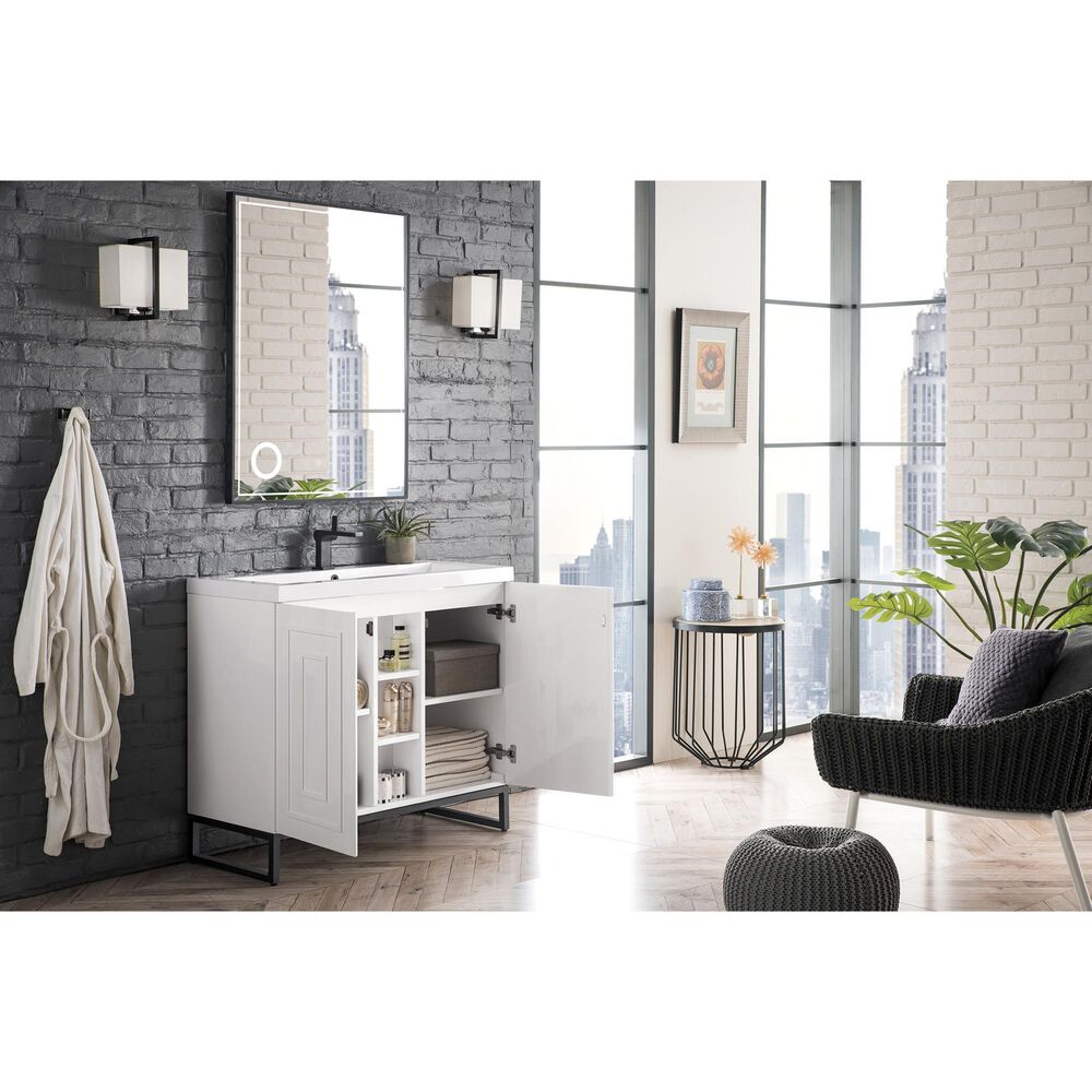 James Martin Vanities Alicante 39.5&quot; Single Bathroom Vanity in Glossy White and Matte Black with 5 cm White Glossy Resin Top and Rectangular Sink, , large