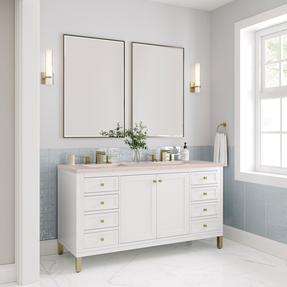 James Martin Vanities Chicago 60&quot; Double Bathroom Vanity in Glossy White with 3 cm Eternal Marfil Quartz Top and Rectangular Sinks, , large