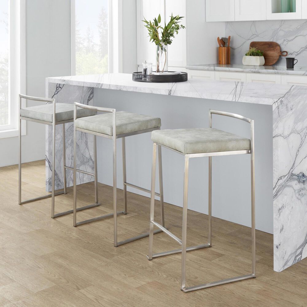 LumiSource Fuji 26" Stacker Counter Stool with Light Grey Cowboy Upholstery in Brushed Stainless Steel (Set of 2), , large