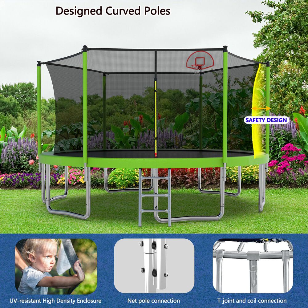 HOMLUX 14' Outdoor Trampoline Sports with Basketball Hoop in Green, , large