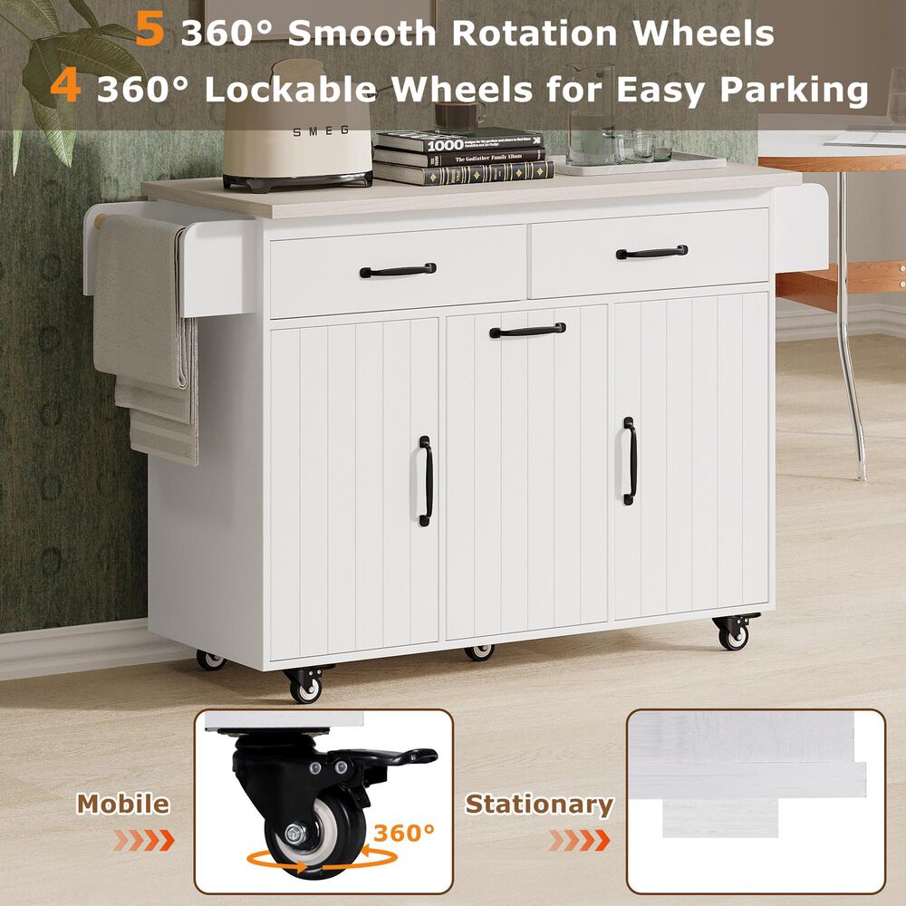 HOMLUX 44" Kitchen Island with Trash Can Storage Cabinet in White, , large