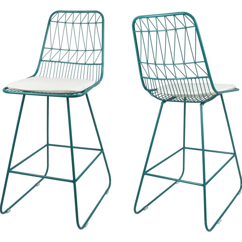Hearth and Haven Niez Outdoor Counter Stool with Ivory Cushion in Teal (Set of 2), , large