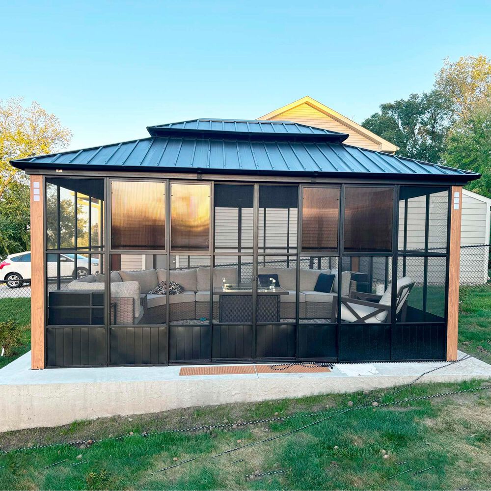 HOMLUX 12' x 16' Outdoor Hardtop Gazebo with Wood Grain Aluminum Frame in Black, , large