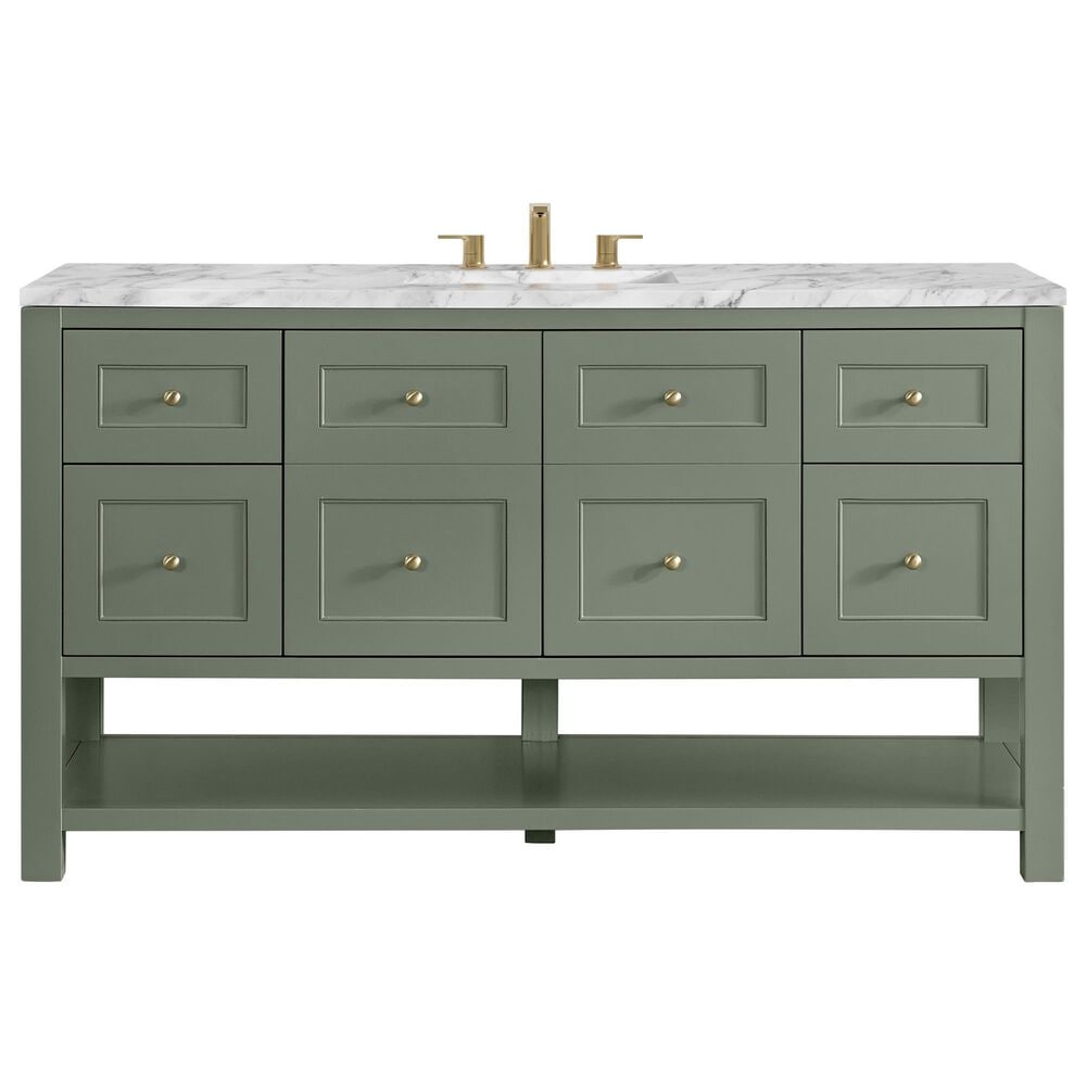 James Martin Vanities Breckenridge 60" Single Bathroom Vanity in Smokey Celadon with 3 cm Carrara White Marble Top and Rectangular Sink, , large