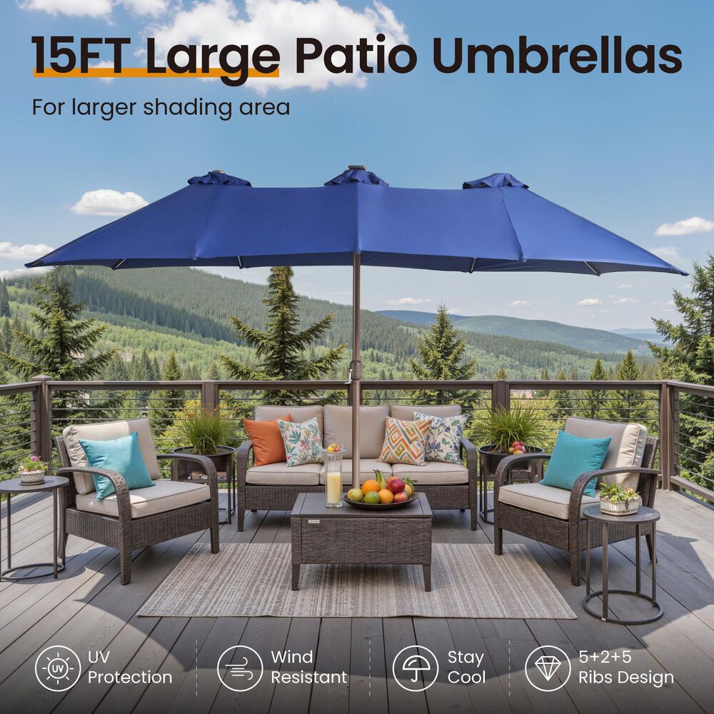 HOMLUX 15' Double-Sided Outdoor Market Umbrella with Sandbag Base and RGB LED Lights in Royal Blue, , large