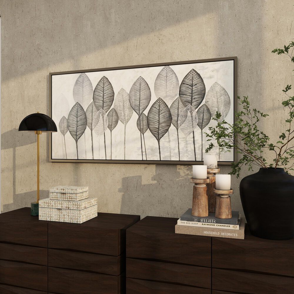 Maple and Jade 27" x 55" Leaf Canvas Wall Art with Frame in Black, Gray, Silver, Brown and Green, , large