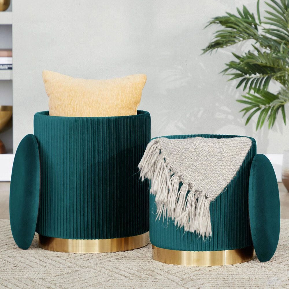 Lumisource Marla 2-Piece Nesting Pleated Ottoman Set Peacock Teal, , large