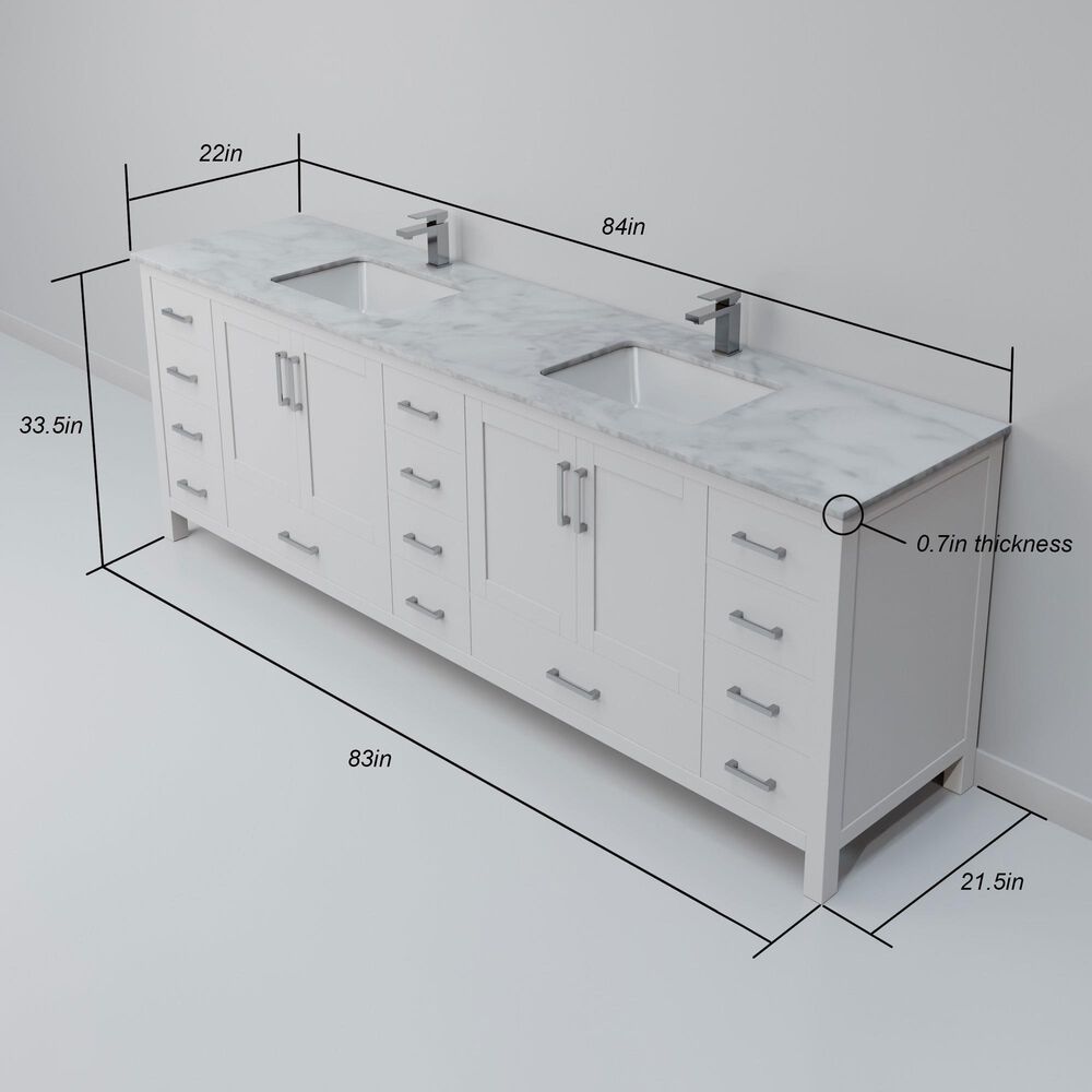 Lexora Home Jacques 84&quot; Double Bathroom Vanity in White with 2 cm White Carrara Marble Top and Rectangular Sinks, , large