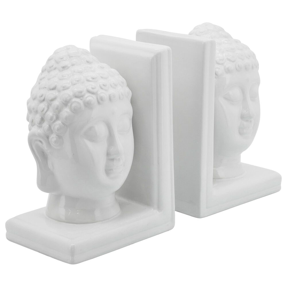 Sagebrook Home 8" Buddha Heads Bookend in White (Set of 2), , large