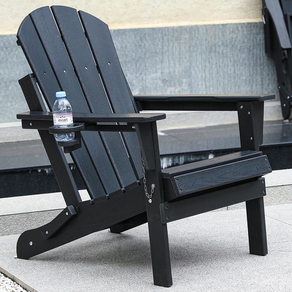 Hearth and Haven 34" Outdoor Folding Adirondack Chair with Cup Holder in Black, , large