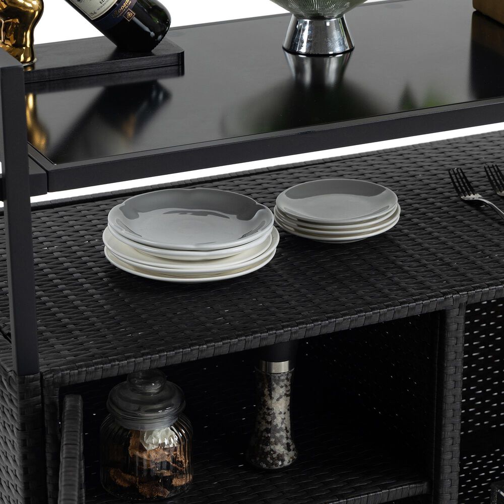 Hearth and Haven Patio Bar Cart with Glass Top and Storage Cabinet in Black, , large