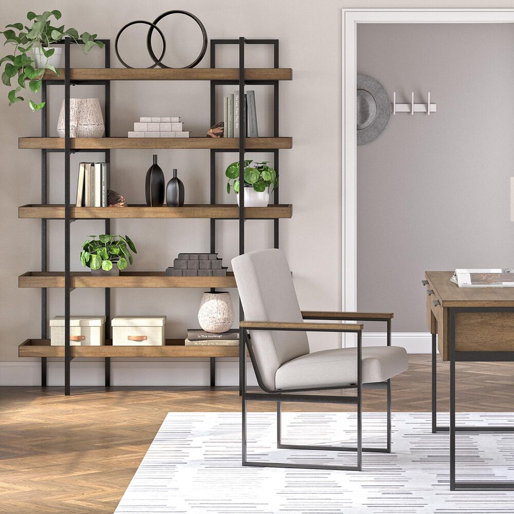 Ashley Montia 2-Piece Desk and Bookcase Set in Light Brown and Gunmetal Gray, , large