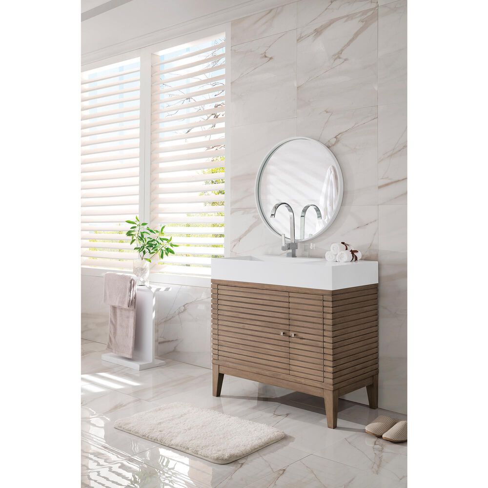James Martin Vanities Linear 36&quot; Single Bathroom Vanity in Whitewashed Walnut with 13 cm Glossy White Solid Surface Top and Rectangular Sink, , large