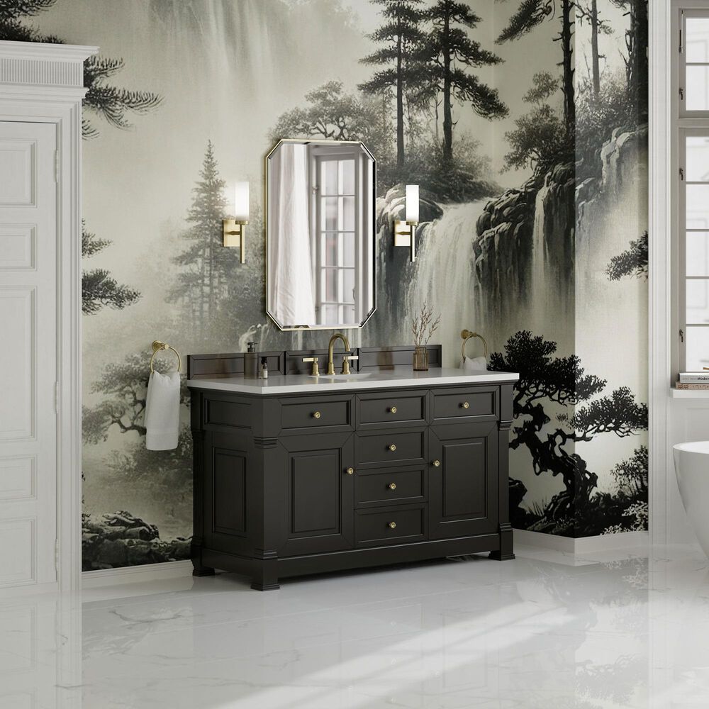 James Martin Vanities Brookfield 60&quot; Single Bathroom Vanity in Black Onyx with 3 cm White Zeus Quartz Top and Rectangular Sink, , large