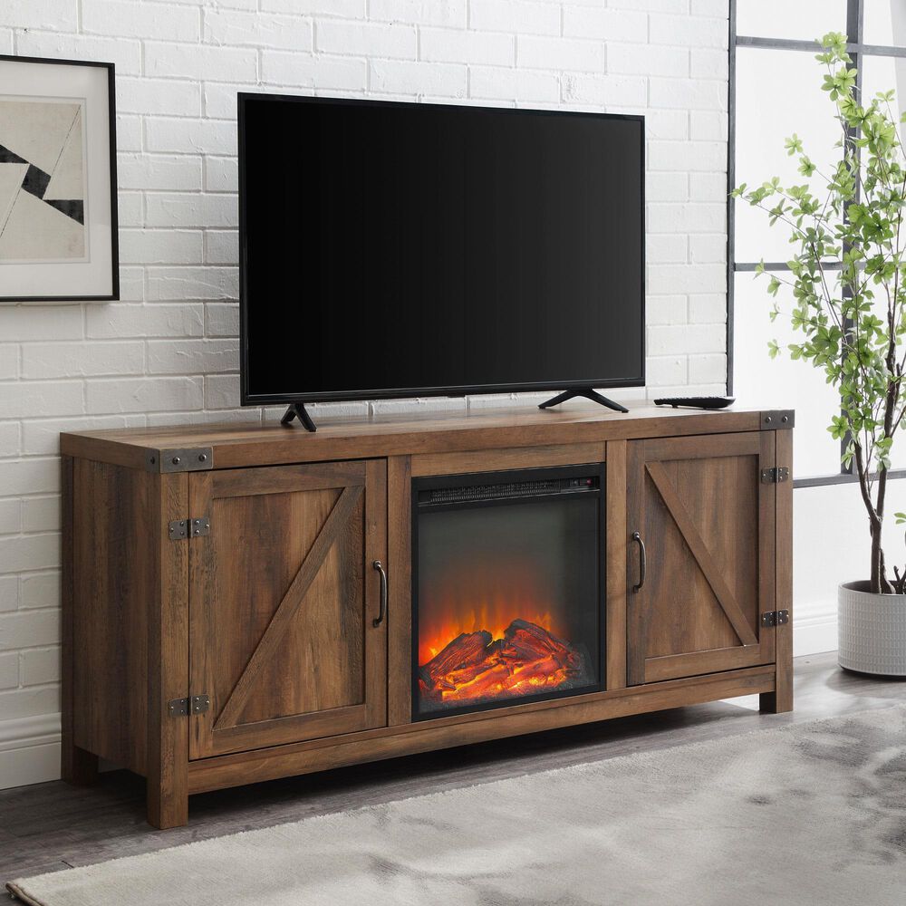 Walker Edison 58&quot; Barn Door Fireplace Console in Rustic Oak, , large