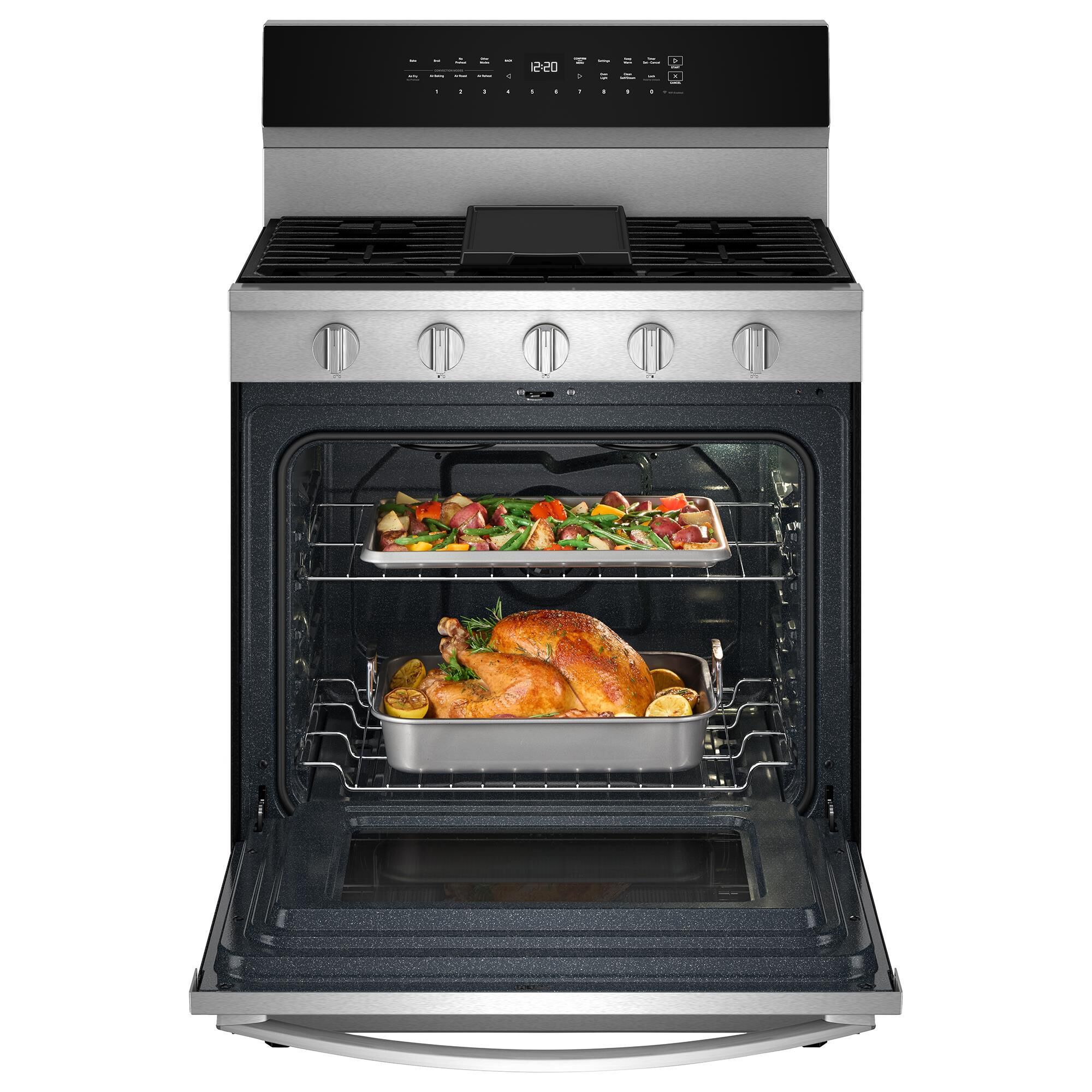 Whirlpool 2 Piece Kitchen Package with 30 Smart Gas Range and 1.1 Cu. Ft. Low Profile Microwave Hood Combination in Fingerprint Resistant Stainless Steel NFM