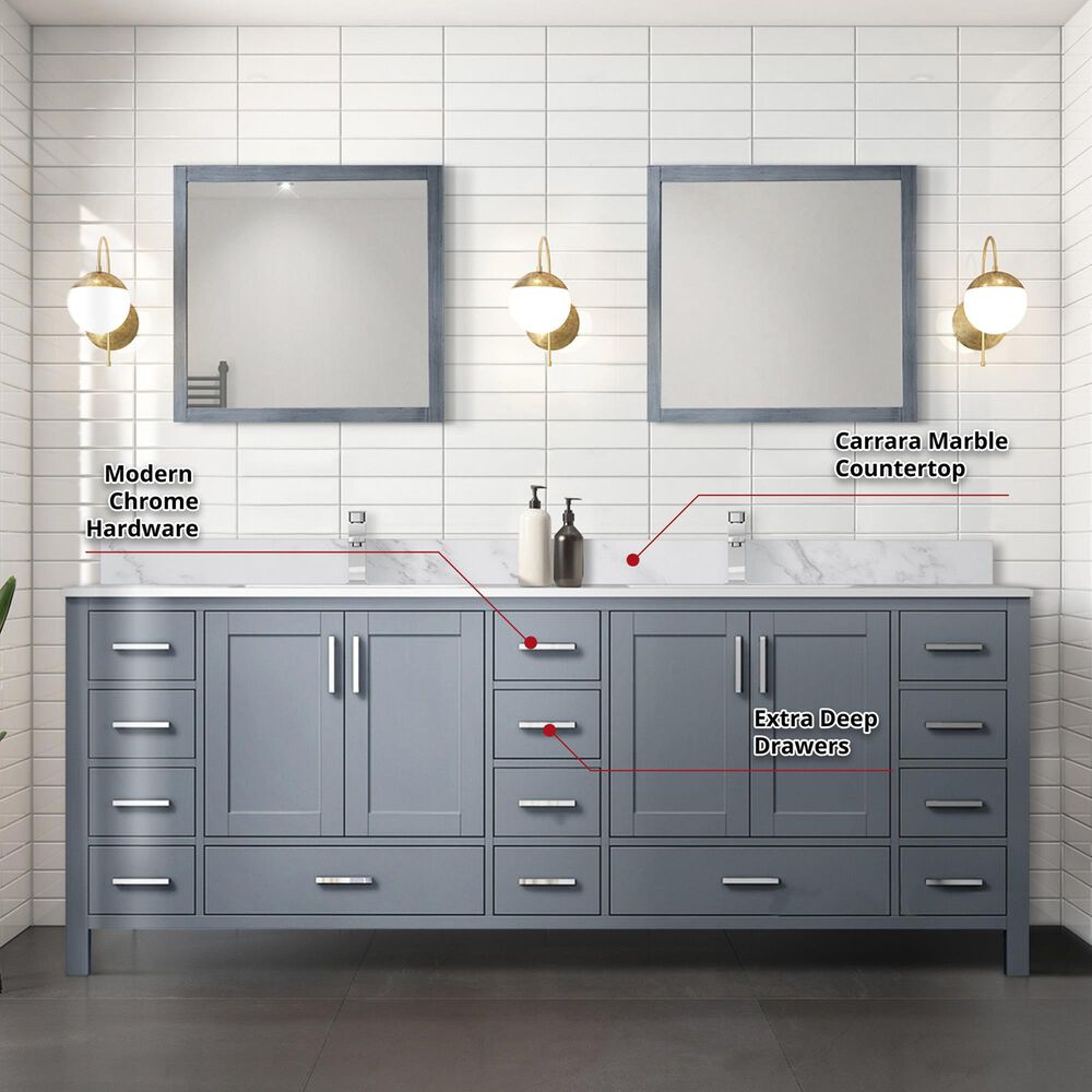 Lexora Home Jacques 84&quot; Double Bathroom Vanity in Dark Grey with 2 cm White Carrara Marble Top and Rectangular Sinks, , large