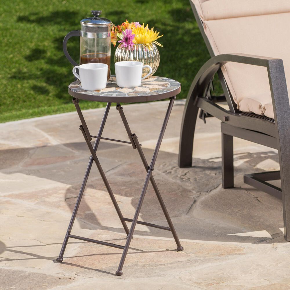 Hearth and Haven Silvester Outdoor Round Folding End Table in Beige and Black, , large