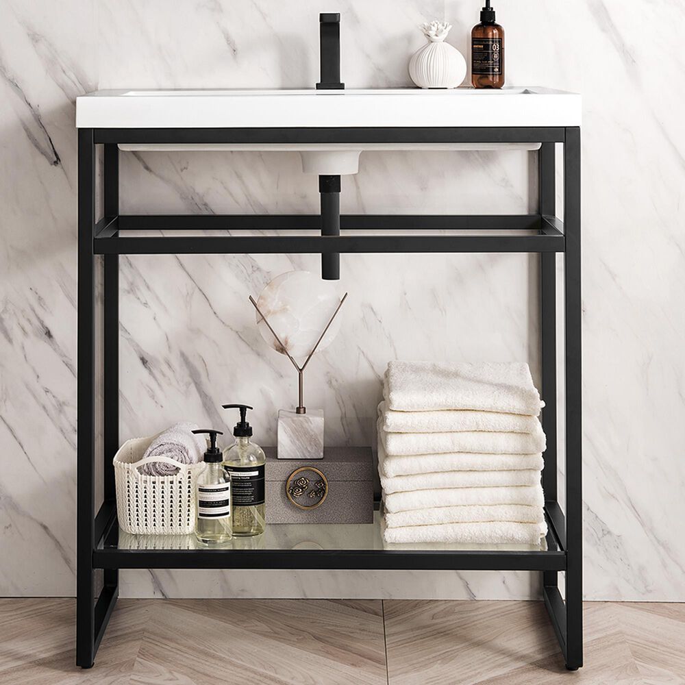 James Martin Vanities Boston 31.5&quot; Single Bathroom Vanity in Matte Black with 3 cm White Glossy Resin Countertop and Rectangular Sink, , large