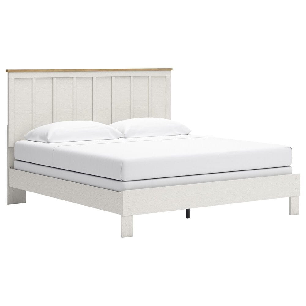 Ashley Linnocreek King Panel Bed in White and Warm Brown, , large