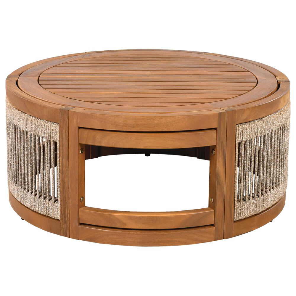 Hearth and Haven Outdoor Round Acacia Wood Coffee Table with Handwoven Rope Accents in Natural, , large