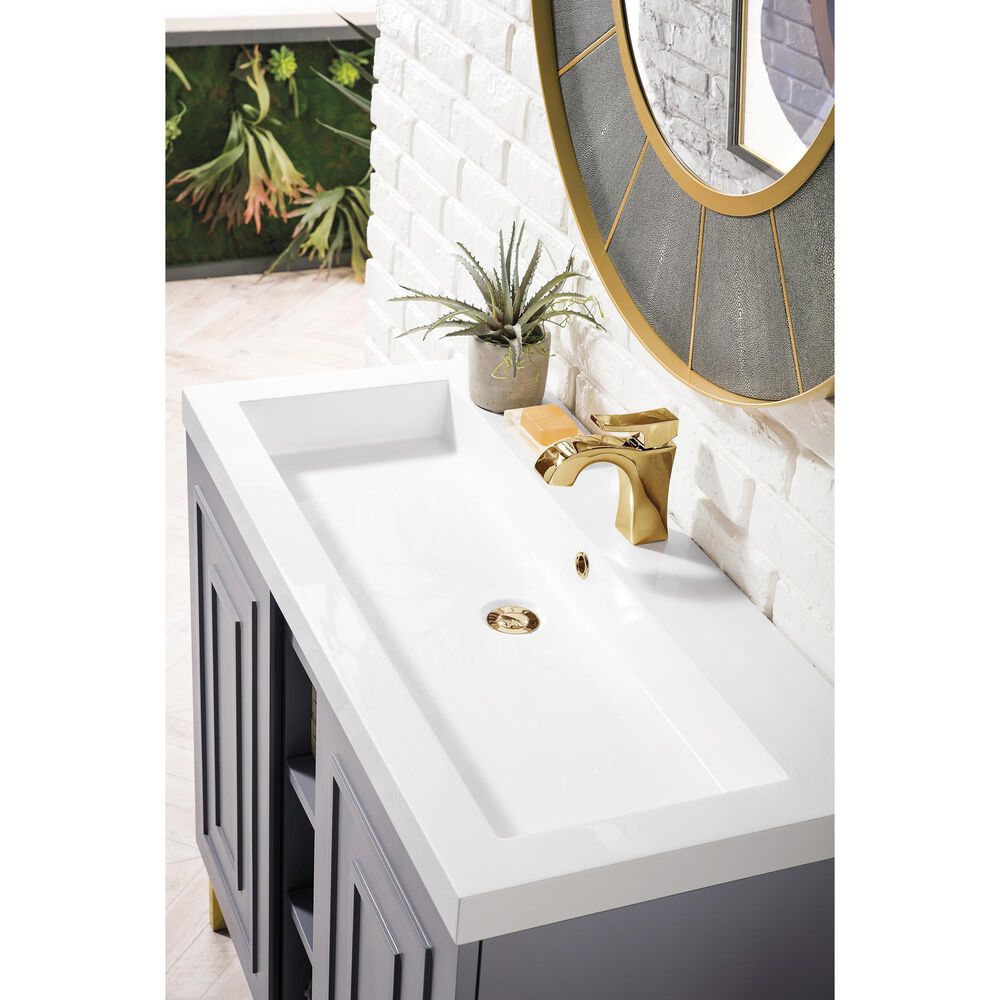 James Martin Vanities Alicante 39.5&quot; Single Bathroom Vanity in Grey Smoke and Radiant Gold with 5 cm White Glossy Resin Top and Rectangular Sink, , large