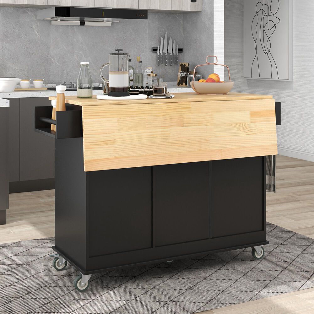 HOMLUX 53" Rolling Mobile Kitchen Island with Solid Wood Top and Locking Wheels in Black, , large