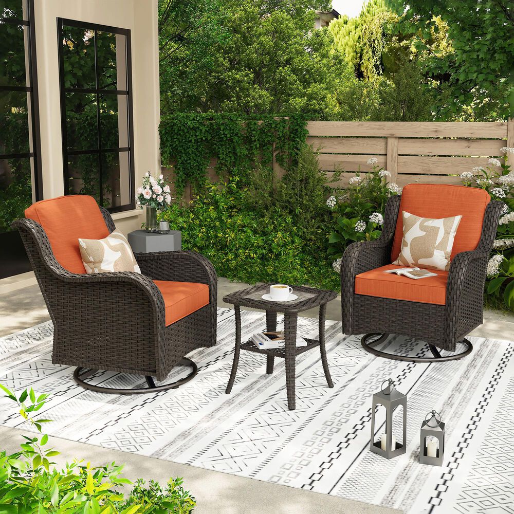 HOMLUX 3-Piece Patio Conversation Set with Curved-Arm Swivel Rocking Chairs and Brown Wicker in Orange, , large