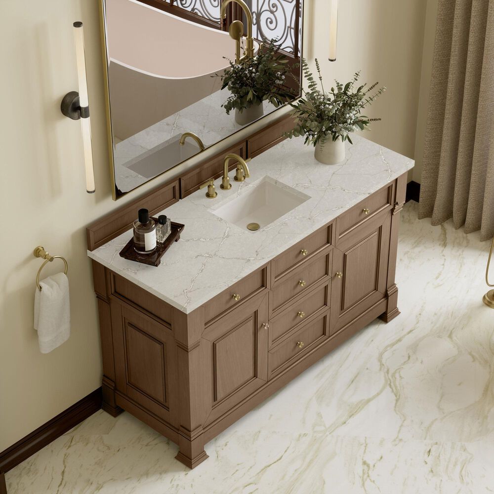 James Martin Vanities Brookfield 60&quot; Single Bathroom Vanity in Pecan with 3 cm Victorian Silver Quartz Top and Rectangular Sink, , large