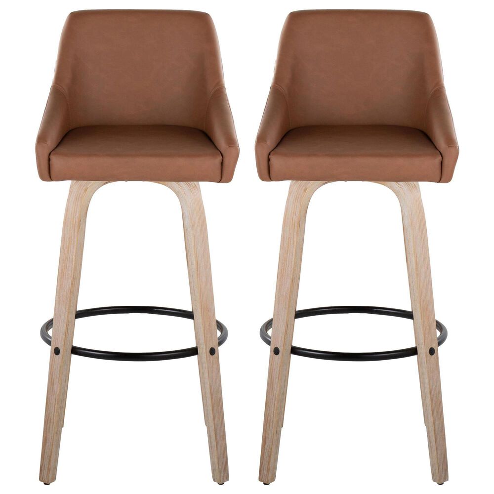 LumiSource Hannah Swivel Bar Stool with Camel Faux Leather Upholstery in Whitewashed and Black (Set of 2), , large