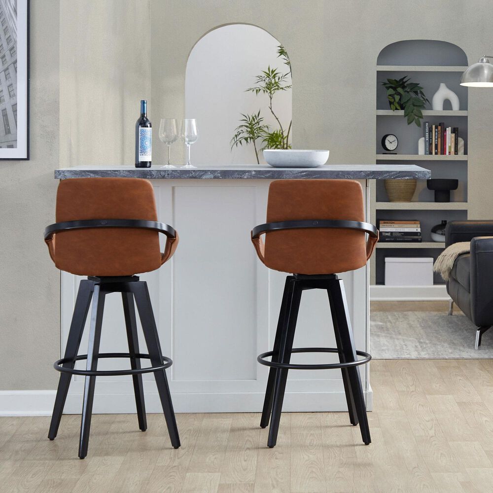 LumiSource Cosmo 30" Swivel Barstool with Camel Upholstery in Black (Set of 2), , large
