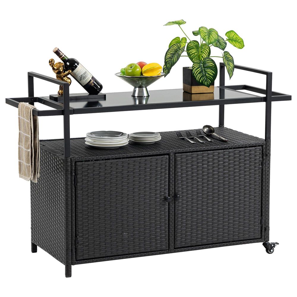 Hearth and Haven Patio Bar Cart with Glass Top and Storage Cabinet in Black, , large