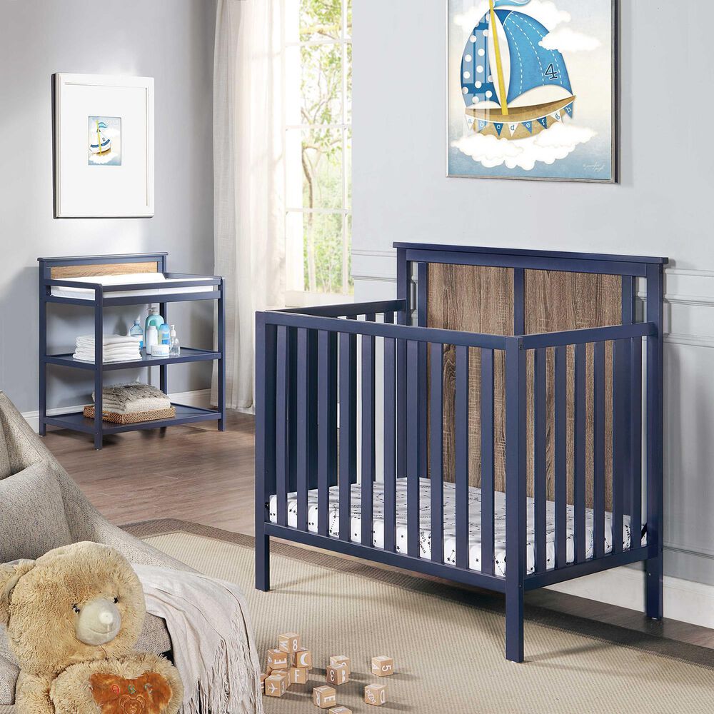 Hearth and Haven Connelly Mini Crib with Mattress Pad in Midnight Blue and Vintage Walnut, , large