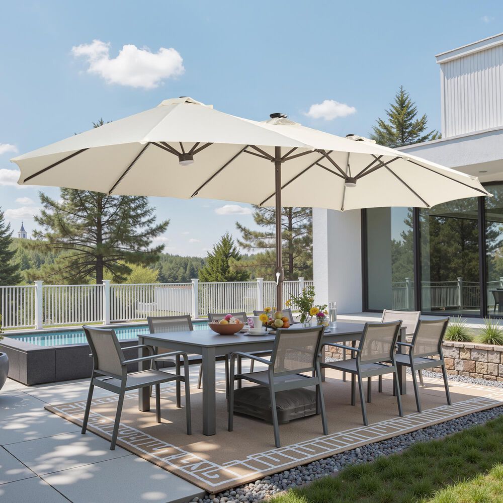 HOMLUX 15' Double-Sided Outdoor Market Umbrella with Sandbag Base and RGB LED Lights in White, , large