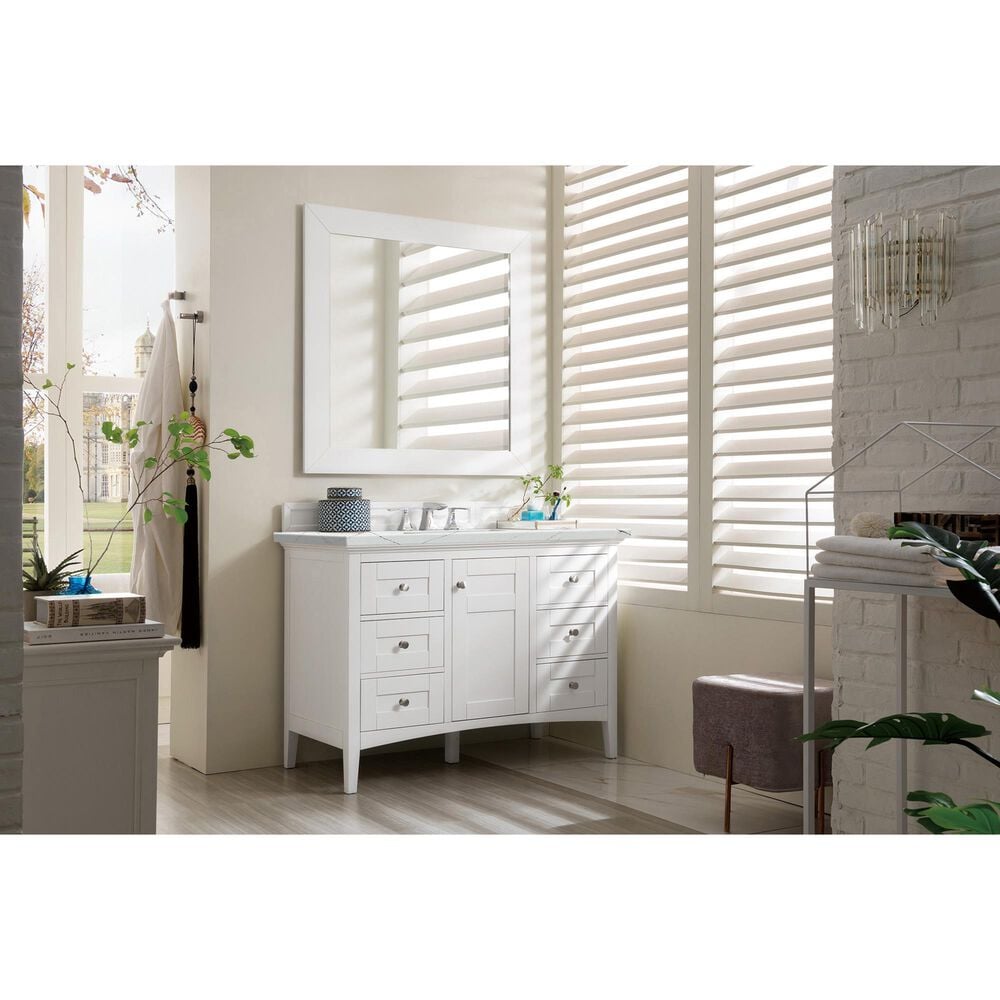 James Martin Vanities Palisades 48&quot; Single Bathroom Vanity in Bright White with 3 cm Ethereal Noctis Quartz Top and Rectangular Sink, , large