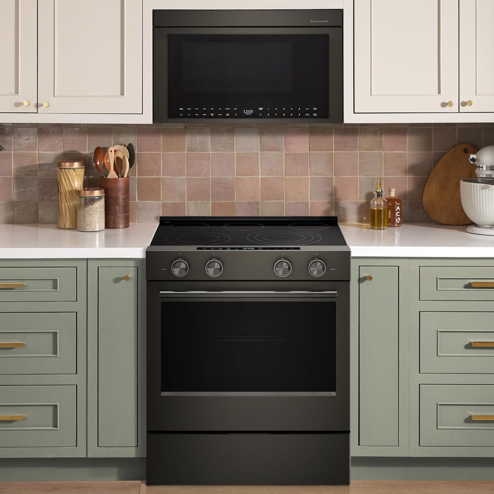 KitchenAid 2-Piece Kitchen Package with 30" Slide-In Smart Electric Range and 30" Over-the-Range Microwave Oven in Black Ore, , large