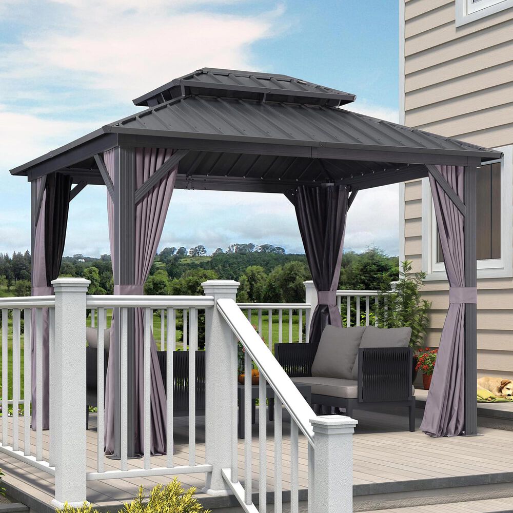 HOMLUX 8" x 10" Outdoor Hardtop Gazebo with Galvanized Steel Roof, Netting, and Curtains Gray, , large