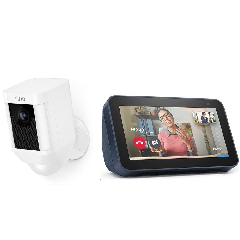 Ring Spotlight Cam Battery Powered in White with Deep Sea Blue Echo Show 5 Smart Display, , large