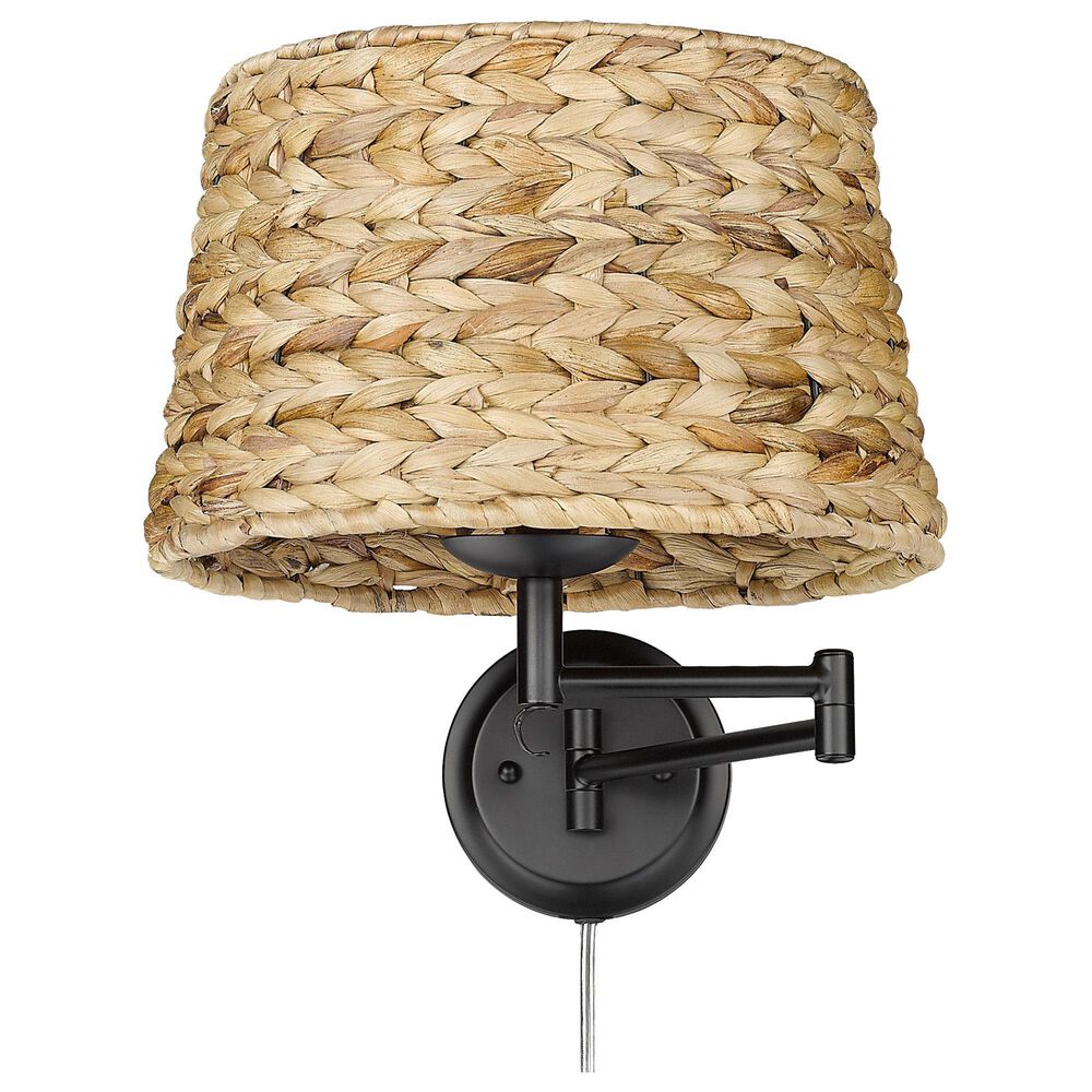 Golden Lighting Eleanor 1-Light Articulating Wall Sconce with Woven Sweet Grass Shade in Matte Black, , large