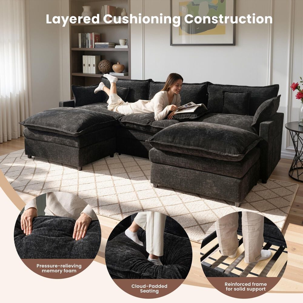 HOMLUX 107.87" Ultra-Comfort Chenille Sectional Sofa Set in Balck, , large