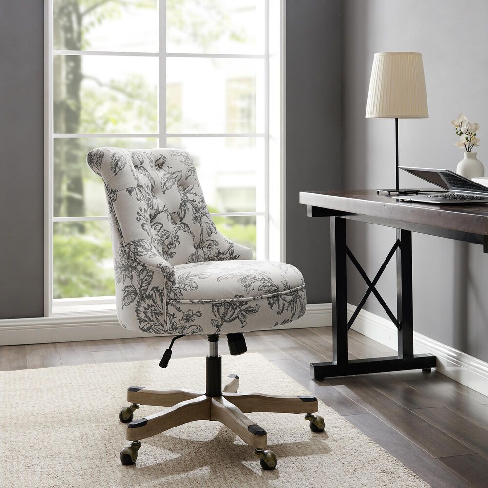 Linon Home Decor Sinclair Office Chair with Floral Gray Cushion in Grey Wash, , large