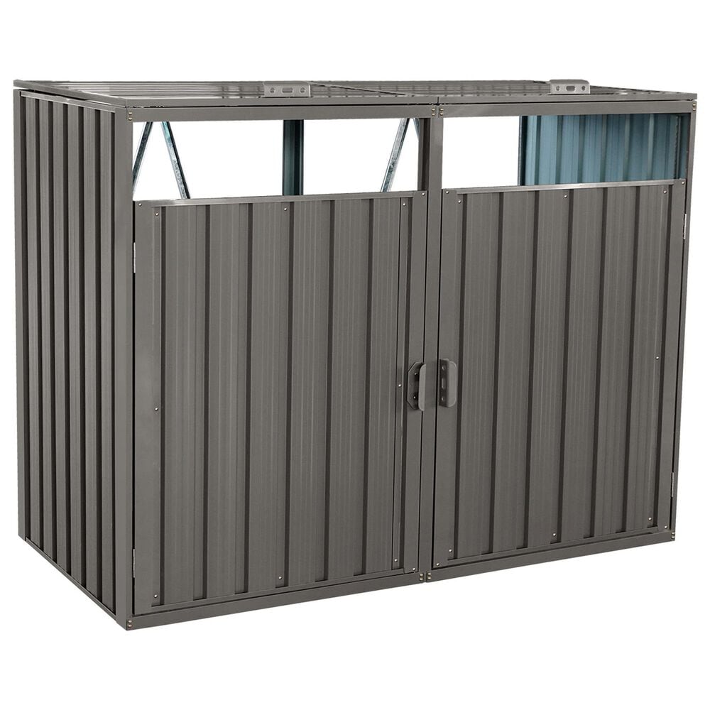 Hearth and Haven Outdoor Metal Garbage Bin Shed for 2 Trash Cans with Lockable Doors in Gray, , large