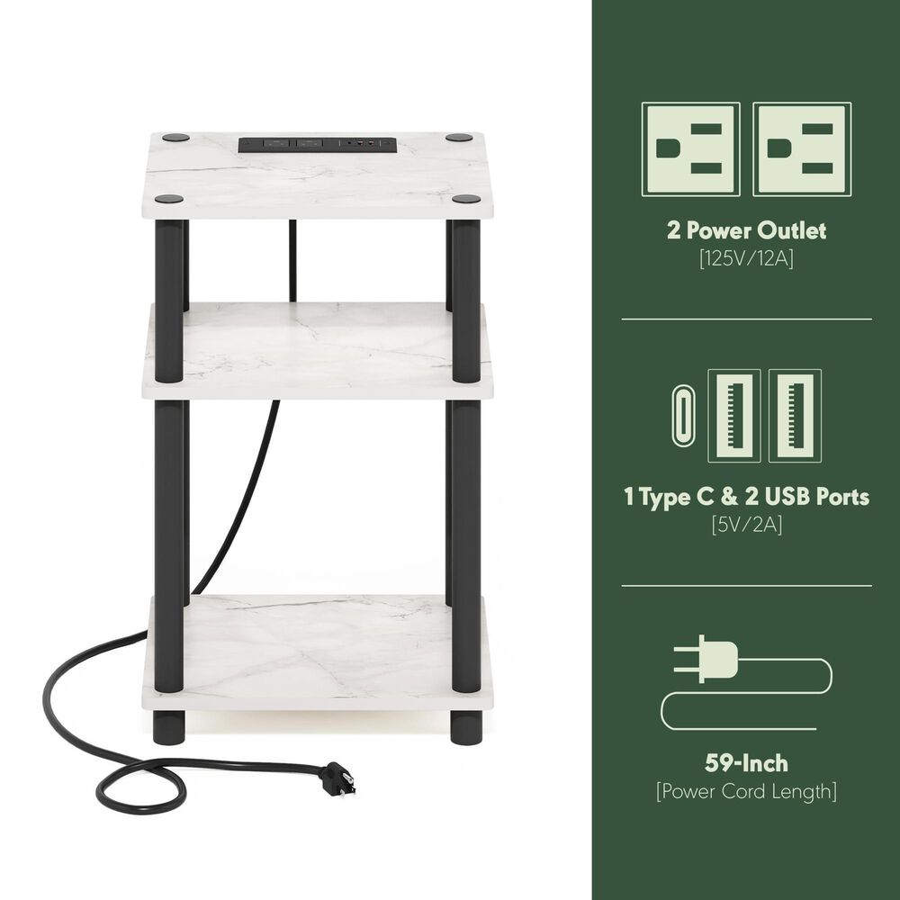HOMLUX 3-Tier Turn-N-Tube End Table with 2 USB ports in Marble White and Black, , large