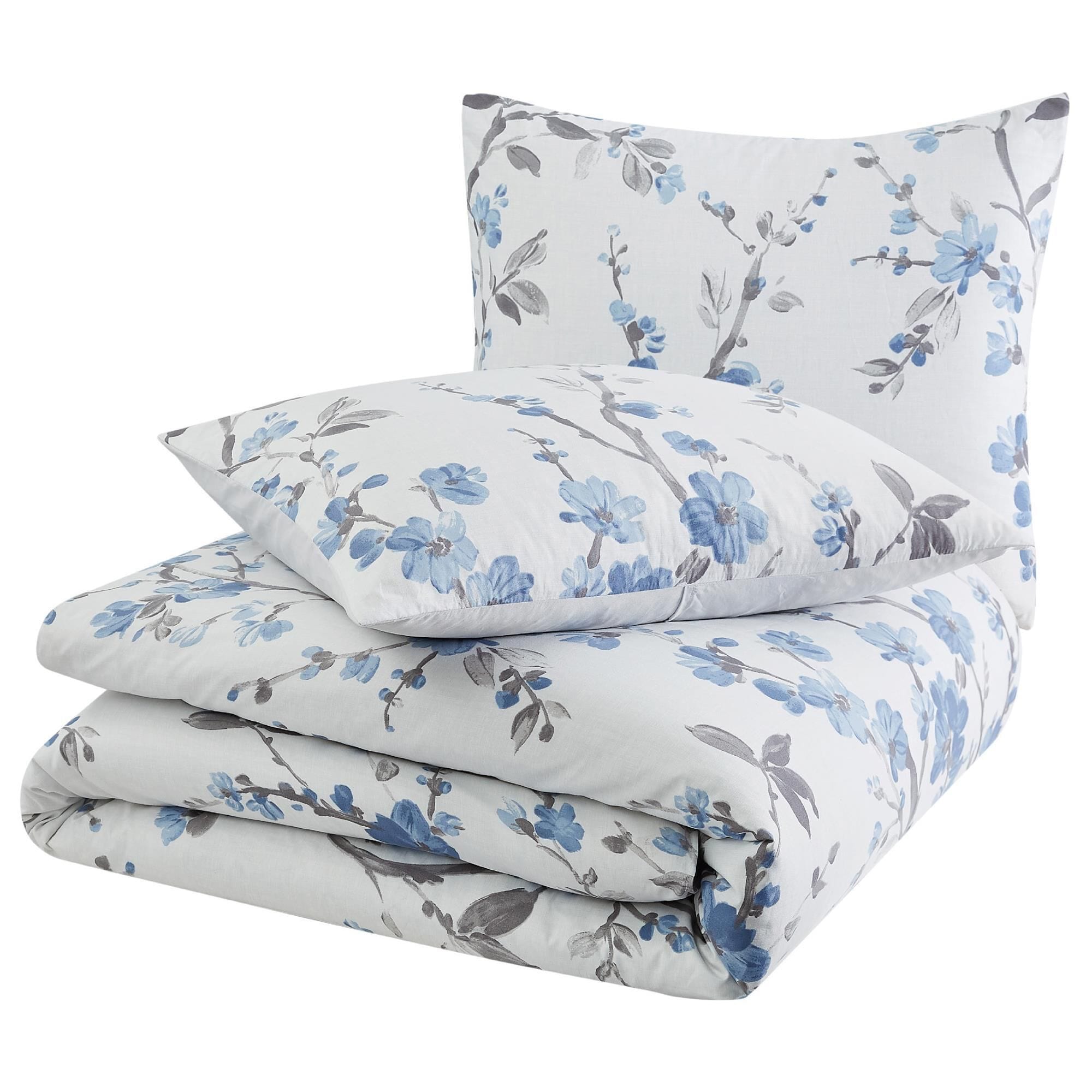 Pem America Cannon Kasumi Floral 3 Piece Full Queen Duvet Set in White and Blue NFM