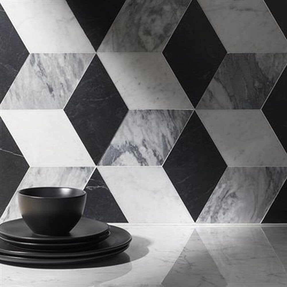Soho Studio Pari Grigio Nero Carrara and Bardiglio 8" x 9.21" Marble Mosaic Sheet, , large