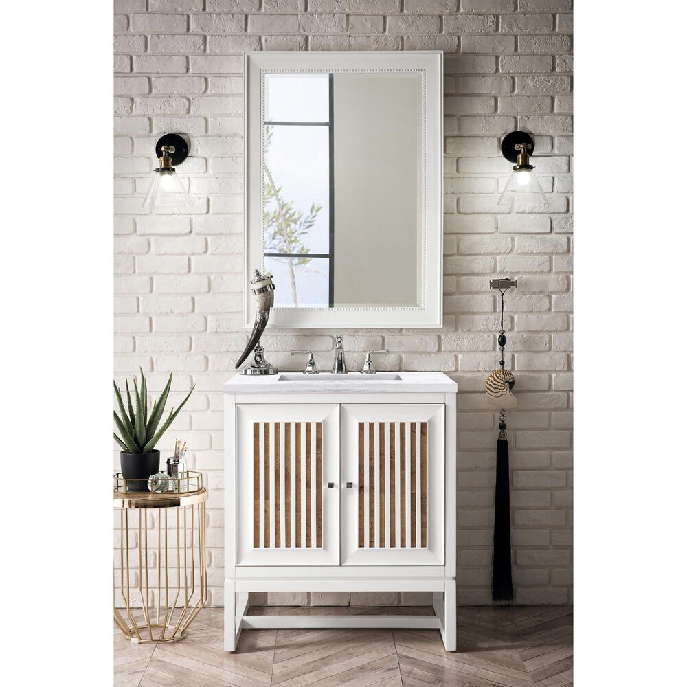 James Martin Vanities Athens 30&quot; Single Bathroom Vanity in Glossy White with 3 cm Arctic Fall Solid Surface Top and Rectangular Sink, , large