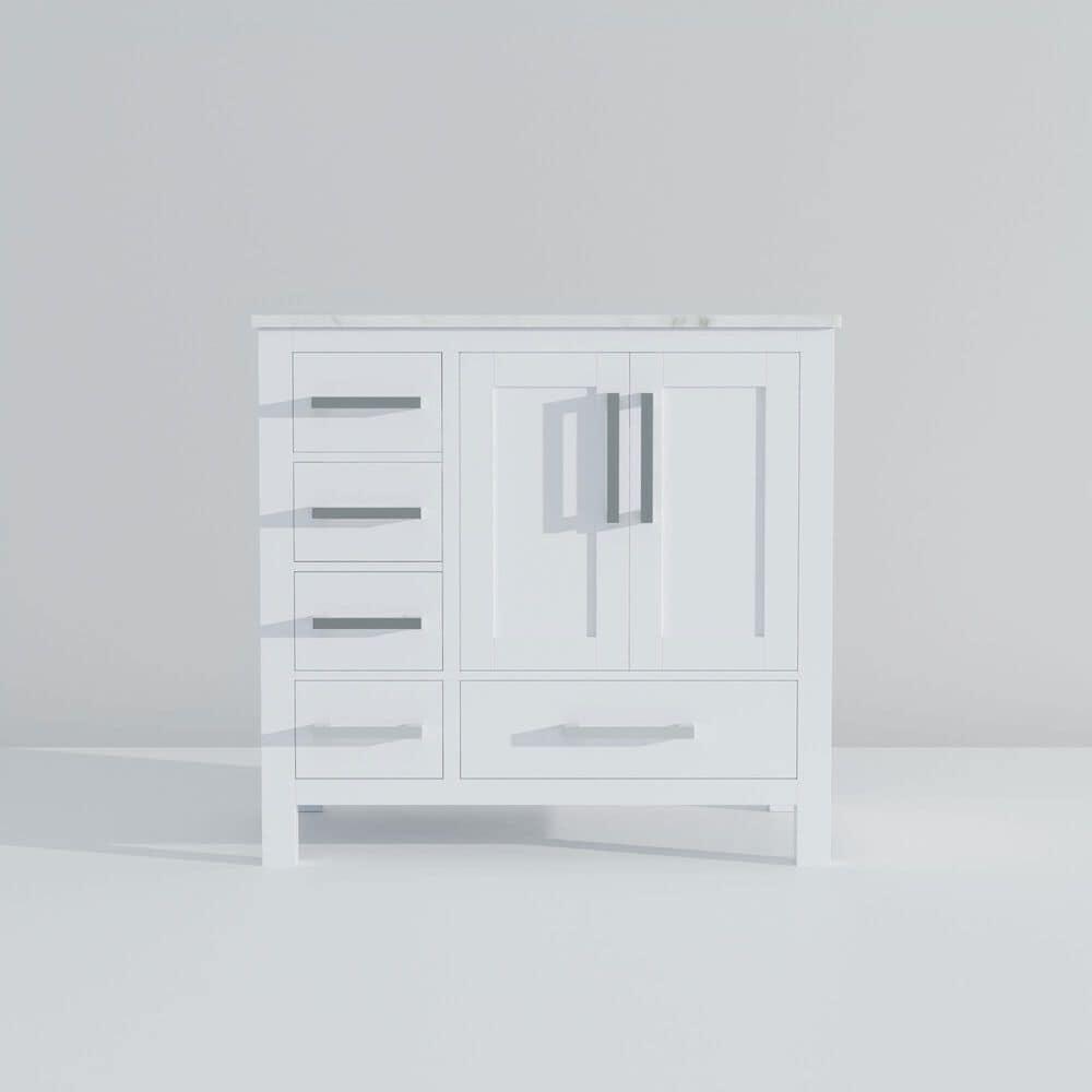 Lexora Home Jacques 36&quot; Right Offset Single Bathroom Vanity in White with 2 cm White Carrara Marble Top and Rectangular Sink, , large